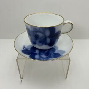 Vintage Okura Art Japan Blue Rose Flat Tea Cup & Saucer Set China 1960s